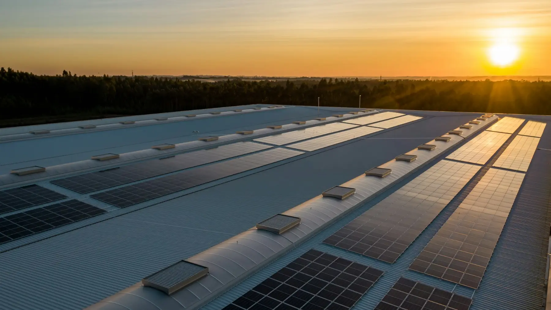 Toiture d’un bâtiment industriel au coucher du soleil