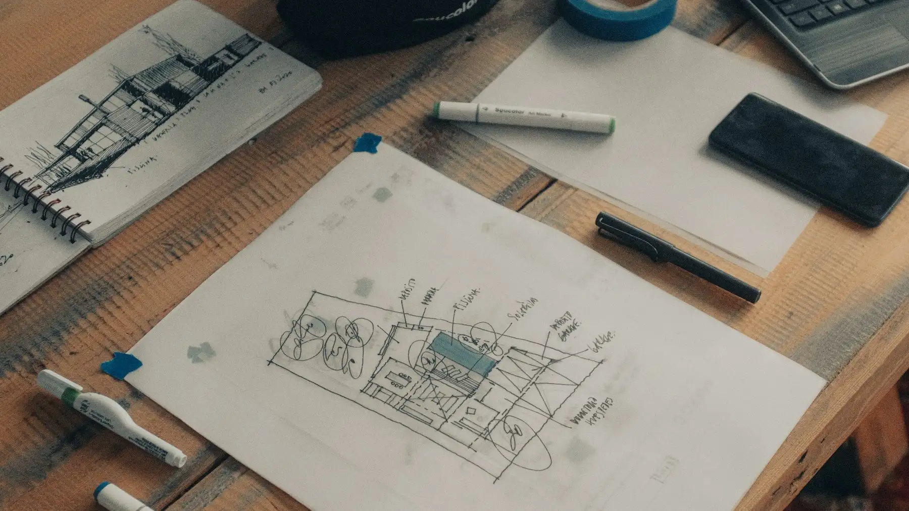 Plans et croquis d’un bâtiment sur une table de travail