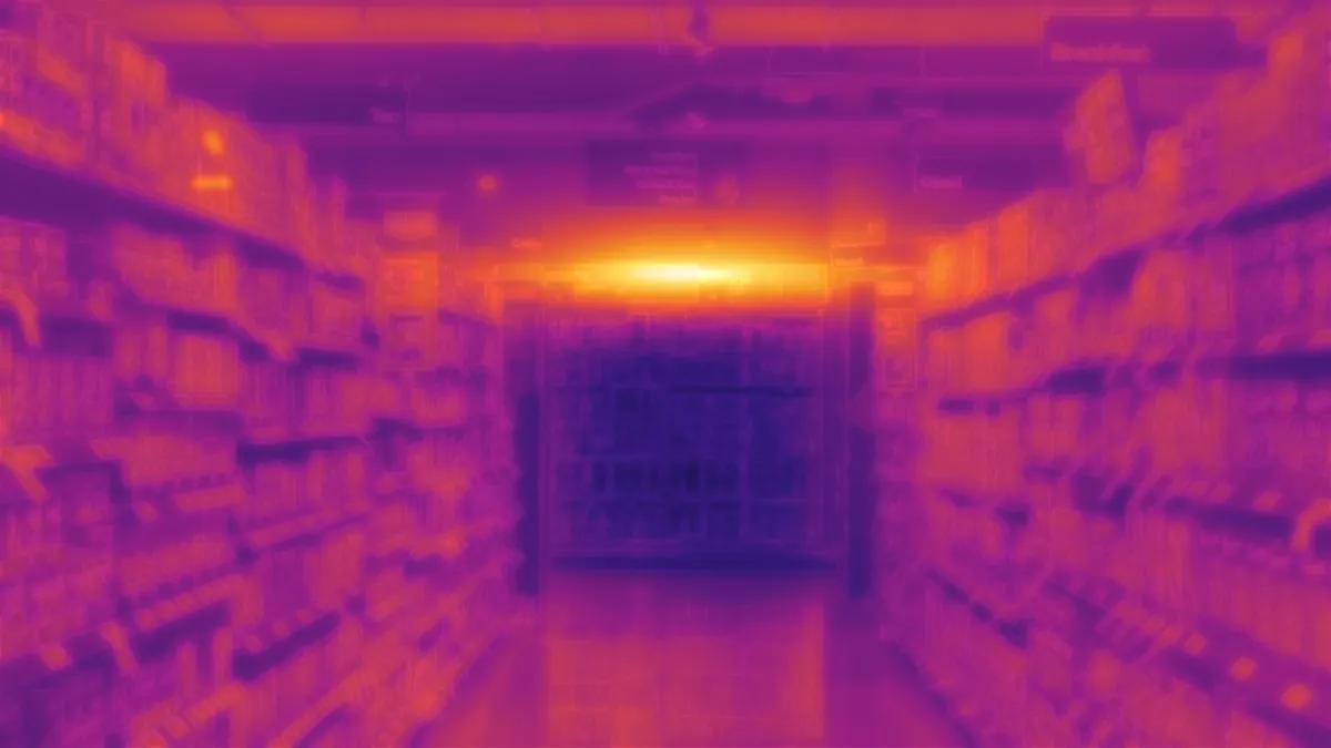 Le même rayon vu par une caméra thermique : meubles froids, chaleur rejetée au-dessus